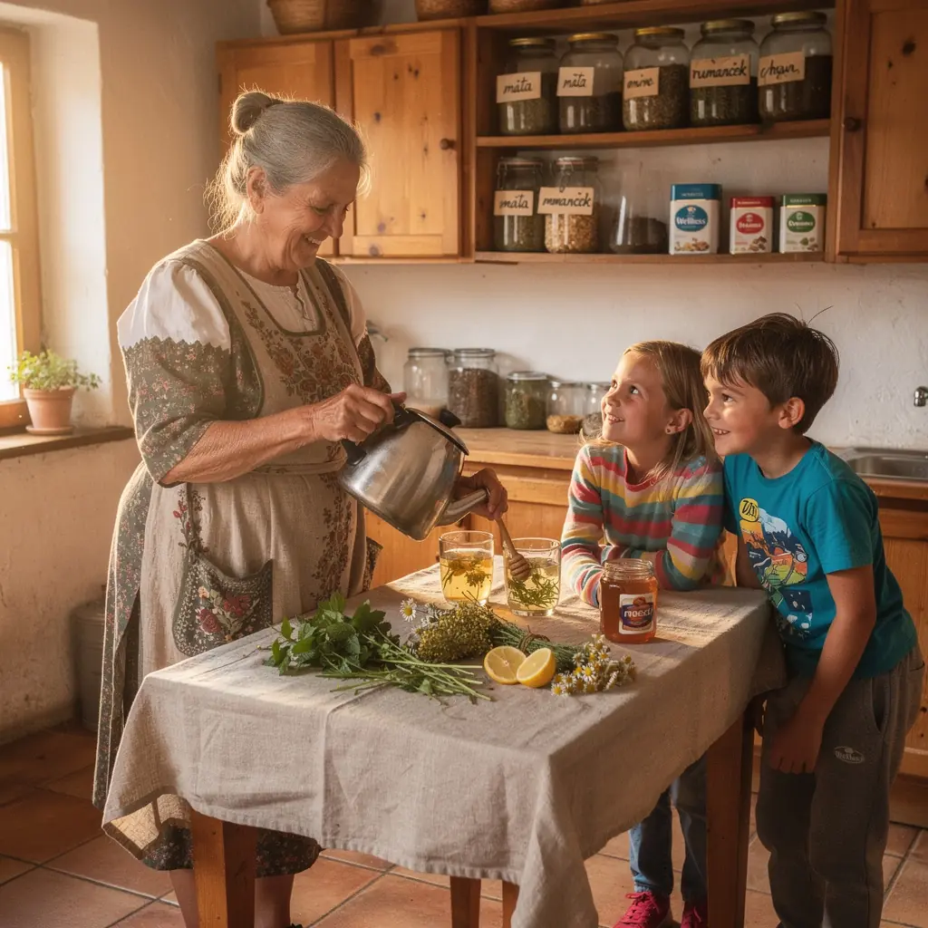Pohár s bylinkovým nápojom na relaxáciu s čerstvými bylinkami na pozadí