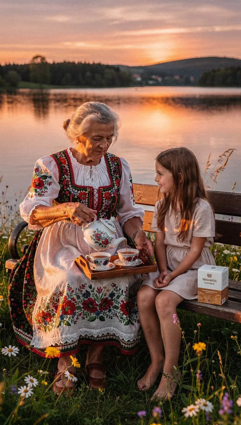 Ručne vyrobené šálky s čajom na pozadí prírodnej scenérie.