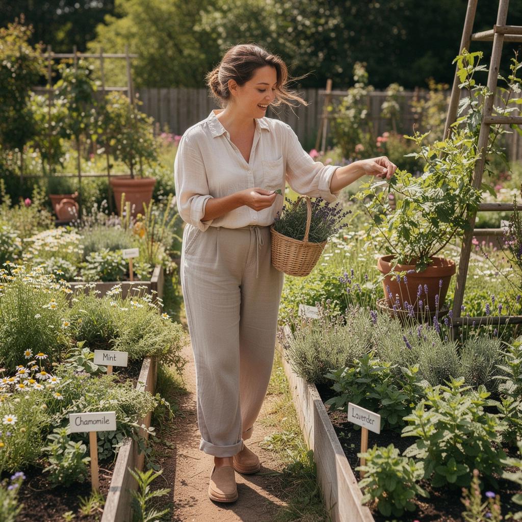 Hrnček s teplým čajom a čerstvými bylinkami na pozadí prírody.
